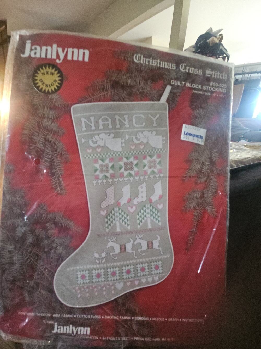 Janlynn Christmas Cross Stitch Kit Quilt Block Stocking RARE from 1988